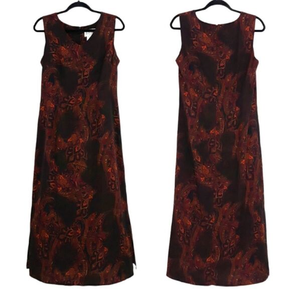 Vintage 90's Julian Taylor Burnt Paisley Double Slit Maxi Dress Black Red Sz 8 - Picture 1 of 16